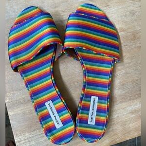 Tabitha Simmons Womens Slide Sandals EU 38 US 8 Sprinkles Rainbow Stripe Silk